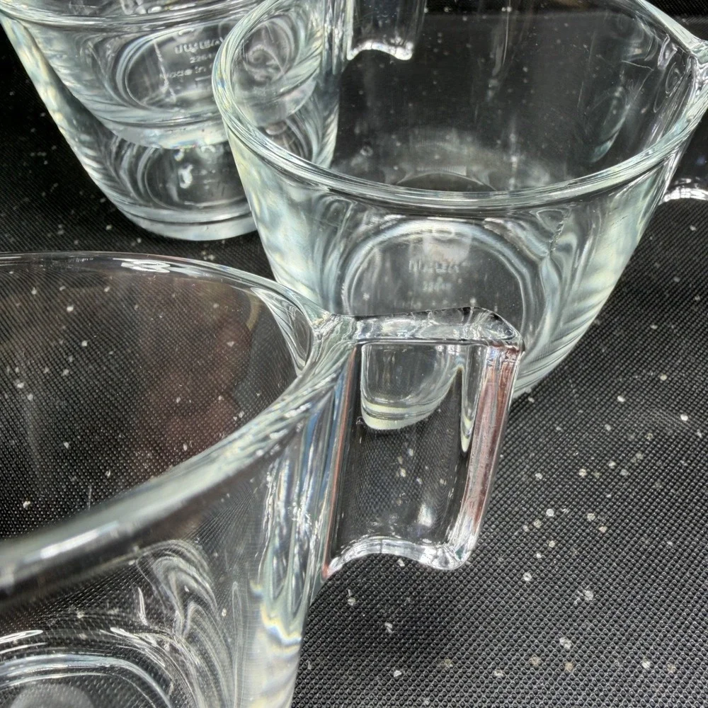 IKEA Clear Glass Coffee Mugs Set of 4 Stackable Square Handle 22648 2.75in Tall